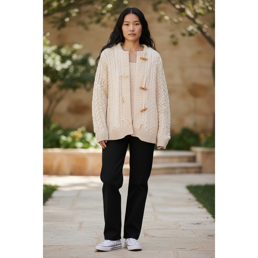Lauren Ralph Lauren Cream Cable Knit Hooded Toggle Cardigan Sweater Womens L